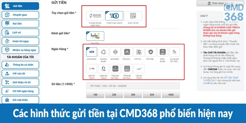 Các hình thức gửi tiền tại CMD368 phổ biến hiện nay