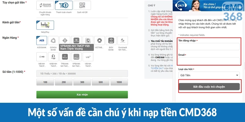 Một số vấn đề cần chú ý khi nạp tiền CMD368